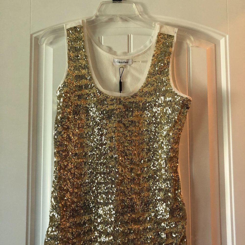 Calvin Klein Gold Sequin Tank, Eggshell Size S